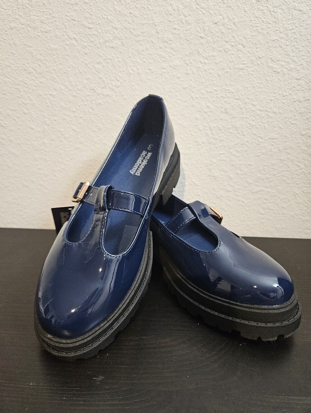 Girls Navy Patent Mary Jane Loafers with Gold Accent
